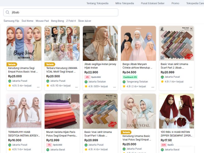 Contoh SERP (Search Engine Result Page) pada Marketplace Tokopedia untuk Keyword Jilbab