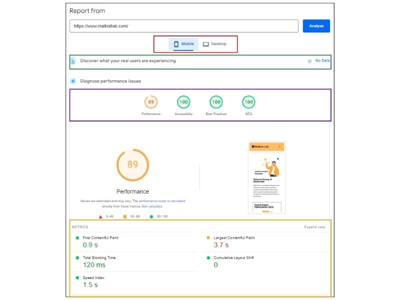 Hasil Test Pagespeed Insight